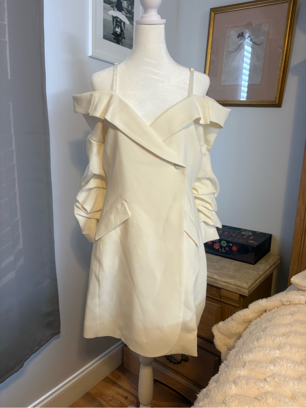 cinq a sept Cream One-Shoulder Ruffle Mini Dress